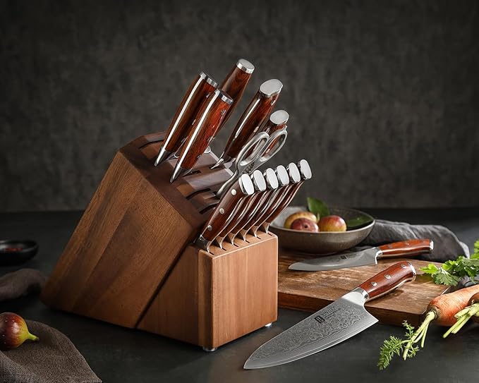 XINZUO 15pcs Kitchen Knife Set with Block, Professional Damascus Chef Knife Set-steak Knife Set of 6-Kitchen Shear&Diamond Honing Steel,Natural Rosewood Handle, Razor Sharp