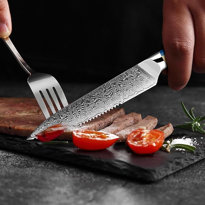 Damascus Steel Steak Knife, Resin Wood Handle, Stainless Steel Western Style Steak Knives of 12, Kitchen Serrated Set Knife Slicing & Cutting