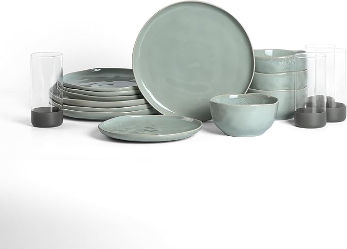 Stone Lain Mirella 16-Piece Dinnerware Set Stoneware, Borosilicate Glass, Light Green