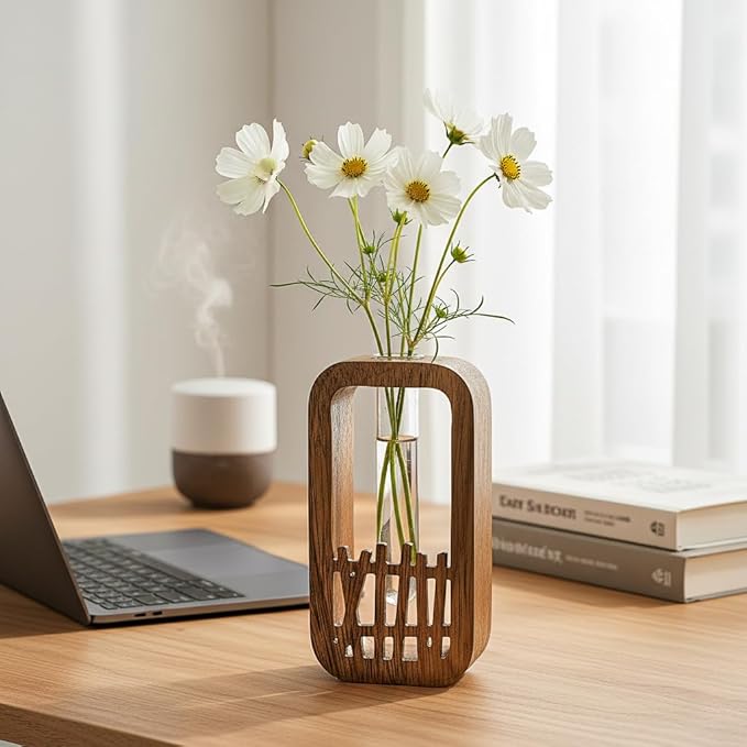 Plant Terrarium with Wooden Stand & Glass Test Tube - for Hydroponic Plants, Home Garden Office Decor, Unique Birthday, Housewarming for Plant Lovers