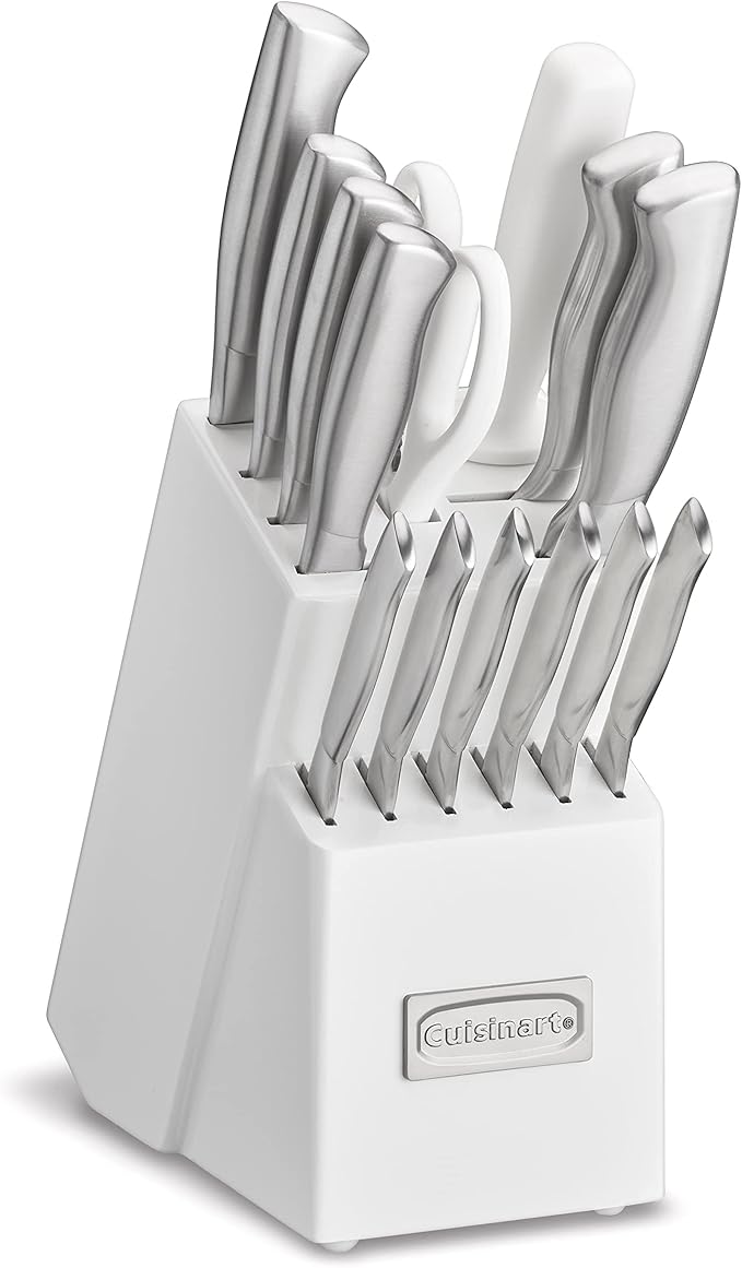 Cuisinart Professional Block Knife Set, 15pc Cutlery Knife Set with Steel Blades for Precise Cutting, Lightweight, Stainless Steel Durable & Dishwasher Safe, White
