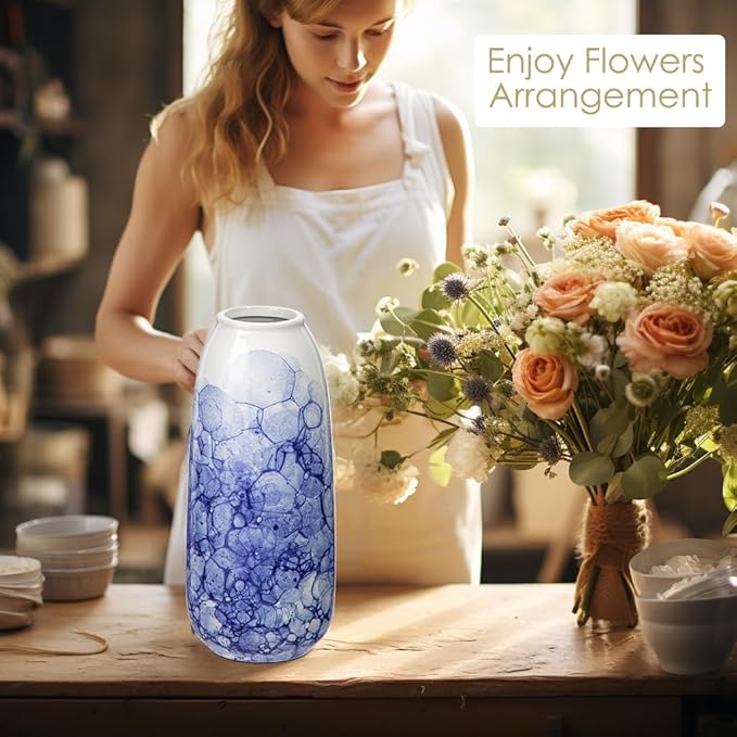 Oairse Blue and White Ceramic Vase, Chinoiserie Porcelain Flower Vase 9" for Centerpieces, Living Room, Dining Table Home Decor, Style 2