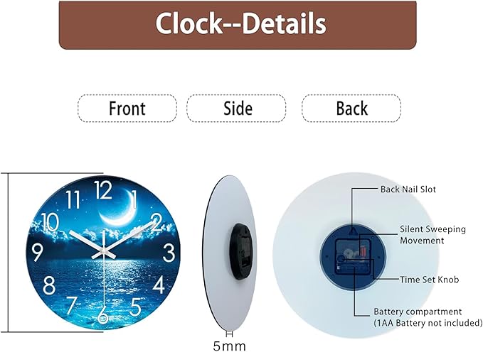 XFM Blue Moon Clock Kitchen Decorative Wall Clock Battery Operated 14 Inch Silent Wall Clock Non Ticking Glass Analog Clock