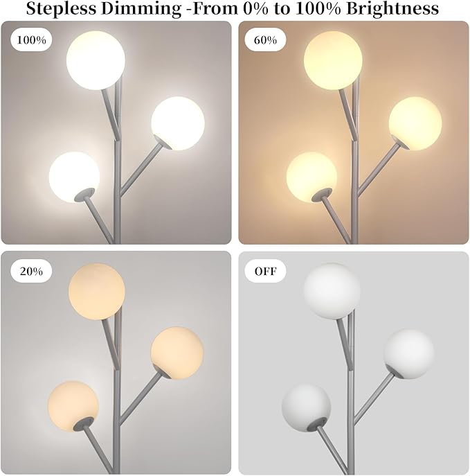 Dimmable 3-Globe Mid Century Modern Floor Lamp, Bulbs Included,70in Tall Silver Standing Floor Lamp with Frosted Glass Shade for Living Room,Office Bedroom, Study Room, Hotel, (dimmer-Silver)