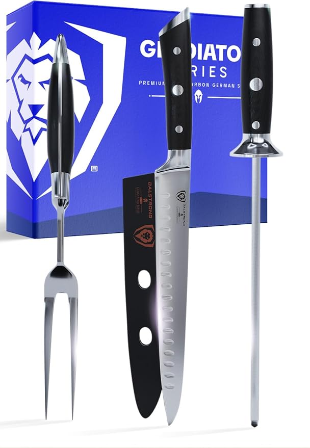 Dalstrong Carving Knife & Meat Fork Set - Gladiator Series Elite - 8" Honing Rod - Forged HC German Steel - 9 inch Carving Knife & Sheath - Hollow Ground Carving Set - Matching Fork - NSF Certified