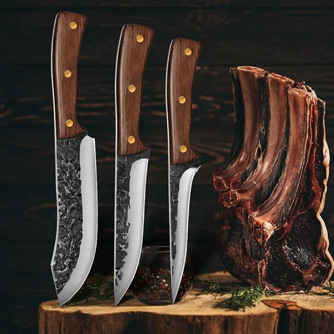 UniqueFire Chef Knife set 3 Pcs, Professional Kitchen Knives set, Sharp Butcher knife sets, Hand-forged High Carbon Steel Meat Cleaver knife, Ergonomic Wood Handle with Gift Box for Home & Restaurant