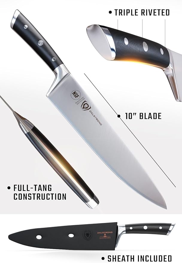 Dalstrong Chef Knife - 10 inch - Gladiator Series Elite - Forged High Carbon German Steel - Razor Sharp Kitchen Knife Gift - Full Tang - Black G10 Handle - Sheath Included - NSF Certified