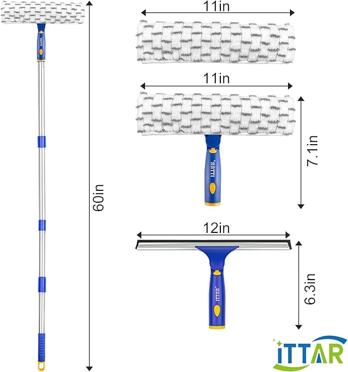ITTAR Window Squeegee Cleaner Kit, 5Ft Extendable Stainless Steel Pole with Rotatable Rubber Squeegee & 2 Microfiber Scrubber Pads, Professional Window Cleaning Tool for Home, Shower, Car, Windshield