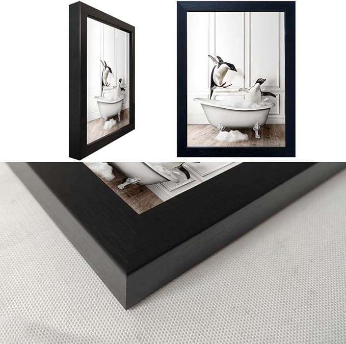Framed Kids Bathroom Wall Decor Funny Bathroom Wall Art Black and White Canvas Print Cute Penguins in Bathtub Painting Farmhouse Animal Artwork