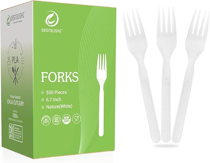 100% Compostable Froks - 500Pcs Heavy Duty Forks Disposable Utensils, BPA-Free, Heat Resistant, Eco Friendly Disposable Forks, BPI Certified Disposable Cutlery for Party, Office & Picnic