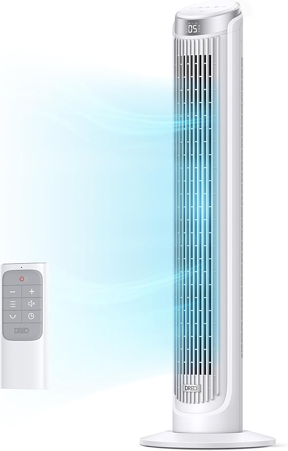 Dreo Tower Fans for Bedroom, 90°Oscillating Fans for indoors,5 Speeds 4 Modes Max 26ft/s, 12H Timer, LED Display with Touch, Remote, 40" Quiet Bladeless Standing Floor Fan for Home Office, White