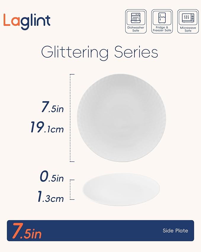 7.5 inch Salad Appetizer Plate Set of 6, Opal Glass Light and Durable Geometric Faceted Small White Plates for Dessert, Kitchen, Dishwasher and Microwave Safe