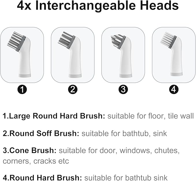 Electric Cleaning Brush with 4 in 1 Multiple Brush Heads,Indoor Household Cordless Motorized Brush for Bathroom Toilet Kitchen Tile Crevice(Gray)
