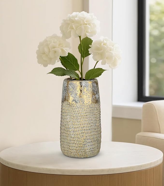 10.2" Ceramic Flower Vintage Vase - White & Gold Textured Metal Ceramic Vase for Farmhouse Modern Home Decor Pampas Grass Centerpieces Living Room Bedroom Office Decoration