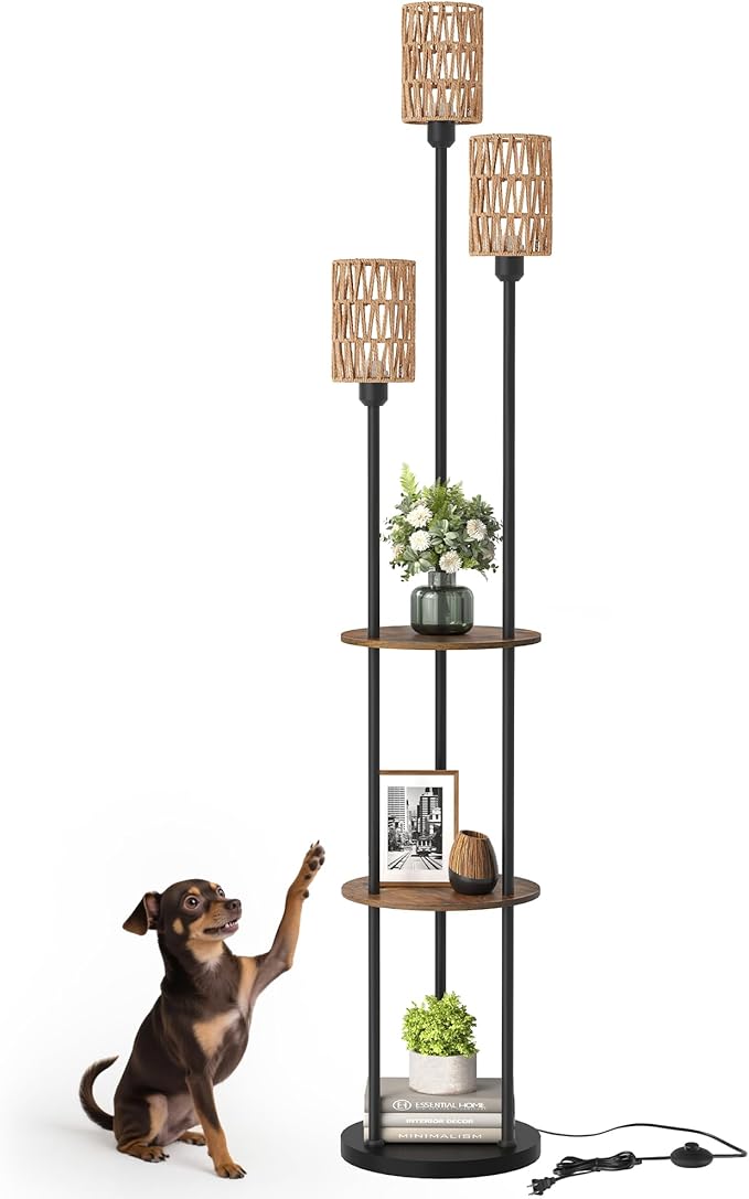 Floor Lamp with Shelves, Boho Floor Lamp with Foot Switch, 3-Light Standing Lamp, for Living Room, Bedroom, Study, Rustic Brown and Yellow YF53LD05 