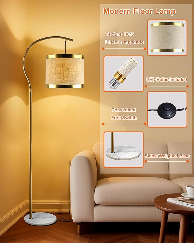 Lightdot 64.9IN Gold Arc Floor Lamp, Modern Floor Lamps for for Wedding/Party, Standing Lamp with Linen Shade, Tall Floor Lamp Living Room/Bedroom (Bulbs Included)