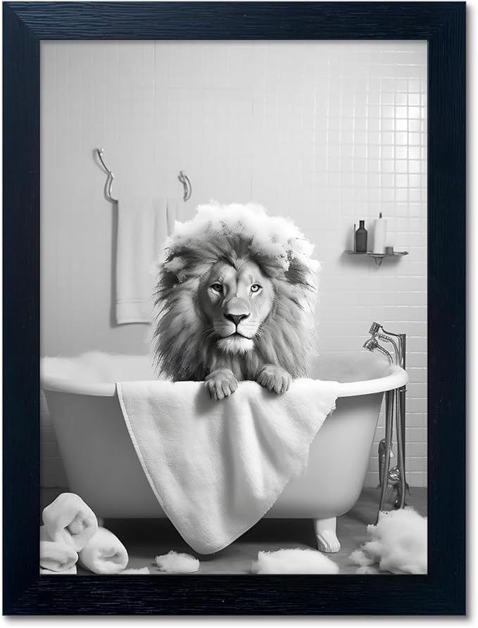 Framed Black and White Lion Wall Art Bathroom Pictures Wall Decor Funny Bathroom Wall Art Animal Canvas Print Artwork
