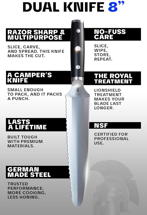 Dalstrong Dual Chef Knife - 8 inch - Gladiator Series Elite - Straight+Serrated Edge - Forged High Carbon Steel Sharp Kitchen Knife - Full Tang Knife Gift- Black G10 Handle - Sheath - NSF Certified