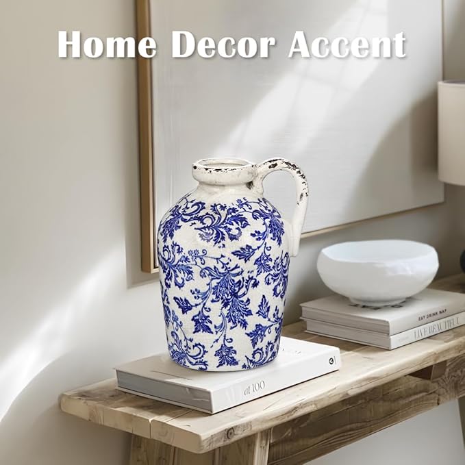Ceramic Rustic Farmhouse Vase, 9 inch Ceramic Blue and White Vase for Centerpieces Pampas Grass Pottery Jug with Handle Boho Chinoiserie Decor Vintage Vases for Living Room Kitchen Dinner Table Shelf