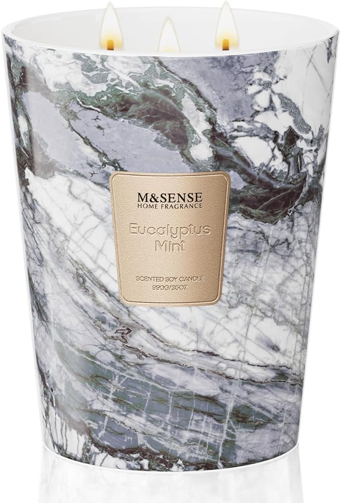 M&SENSE EucalyptusMint Scented Candles for Home, 3-Wick Highly Scented Jar Candles, Extra Large Candle 35 Oz 150 Hours Long Lasting Burning, Relaxing Aromatherapy Candle for Stress Relief, Meditation