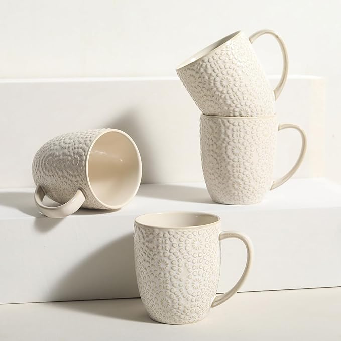 Coffee Mug Set of 4-16 oz Large Ceramic Mugs, Porcelain Embossed Coffee Cups for Cocoa, Tea, Milk, Mocha, Cappuccino - Housewarming Wedding Decoration, Dishwasher Safe, 3.5 x 4.5 inch