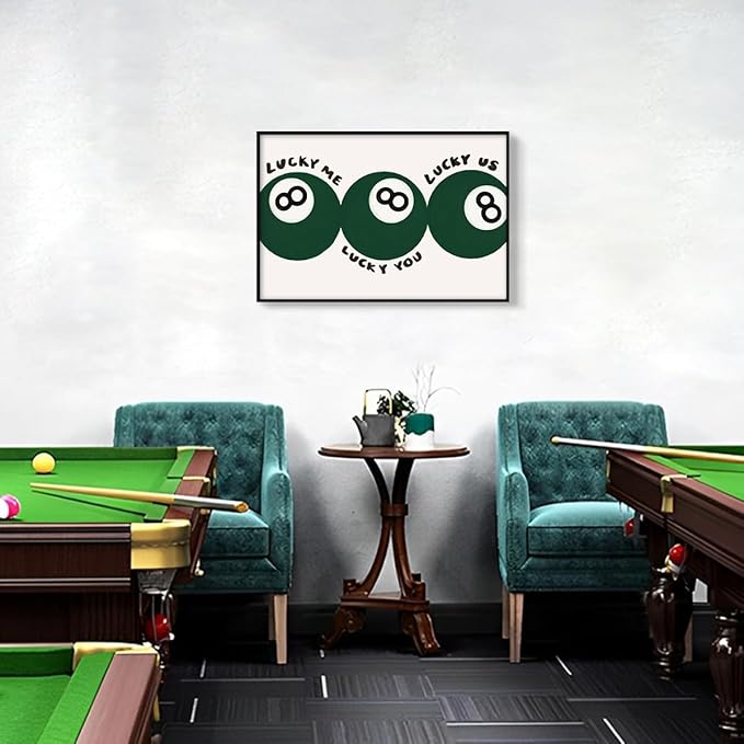 Green 8 Ball Poster, Lucky Me Lucky You Lucky Us Quote Canvas Wall Art, Playful Billiards Balls Picture Print, Retro 8ball Pool Painting for Bar Cart Game Room Man Caves Wall 12x16in Unframed