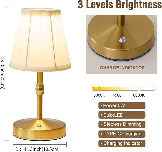 Cordless Mini Lamps Gold,3000 mah Battery Operated Lamp,3 Color Temperature Dimmable Table Lamp,Small Rechargeable Table Lamp Fabric,Aesthetic Small Kitchen Lamp for Counter,Dinner (Gold,2 Pack)