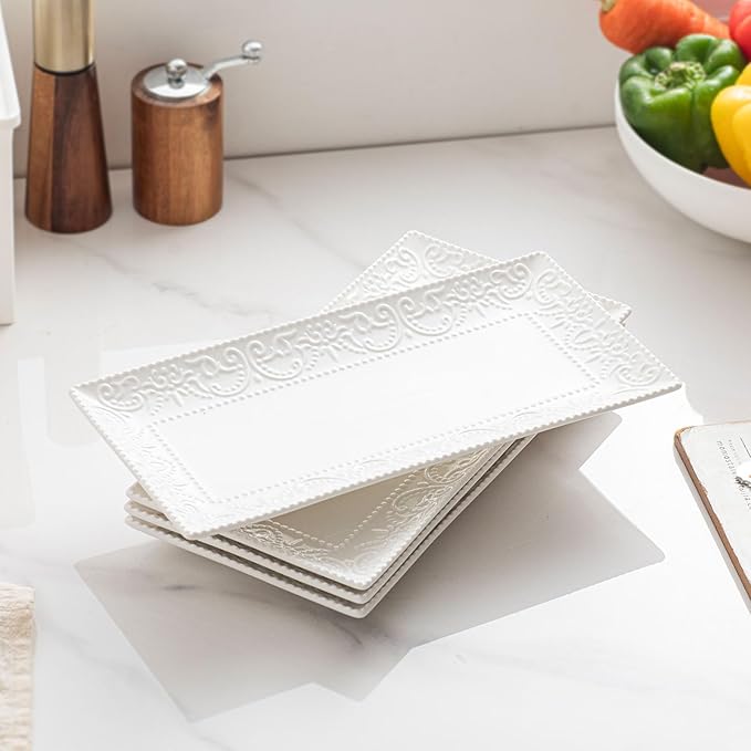 Rectangular Embossed Serving Platters Set, 12 Inch Large Ceramic Serving Plates, Stackable Serving Tray, Porcelain White Serving Platter for Appetizer, Dessert, Snacks, Steak, Dishwasher Safe (4PCS)