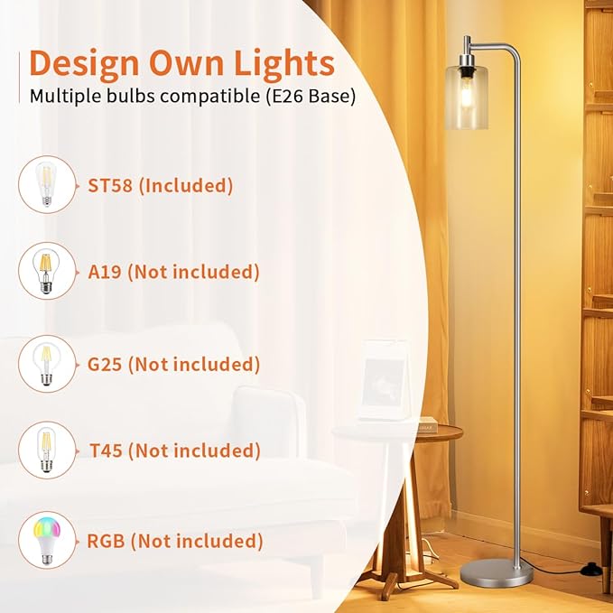Floor Lamps for Living Room - Industrial Standing Lamp with Glass Shade, Modern Floor Lamp with LED Bulbs, Tall Lamp for Bedroom Office - Brushed Nickel