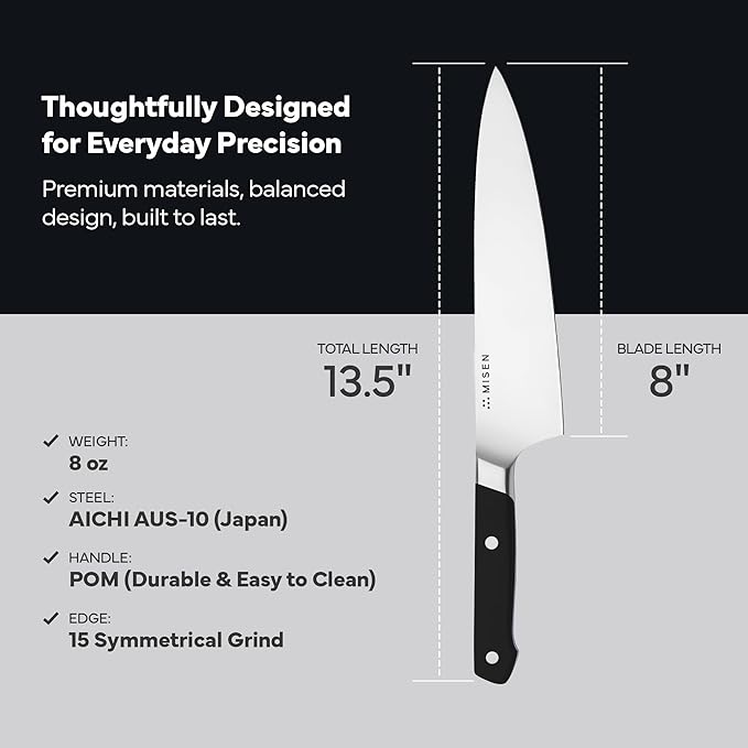 Misen 8" Chef Knife – High Carbon Japanese AUS-10 Stainless Steel – Hybrid German & Japanese Blade – Precision Kitchen Knife for Professionals & Home Cooks – Ultimate Cutting Performance - Black