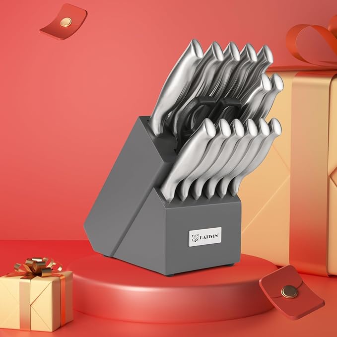 Kitchen Knife Set, 15 Pieces Knife Set with Block, Knives Set for Kitchen, Silver Hollow Ergonomic Handle for Chef Knife Set, Kitchen Shears,Gray Knife Block Set