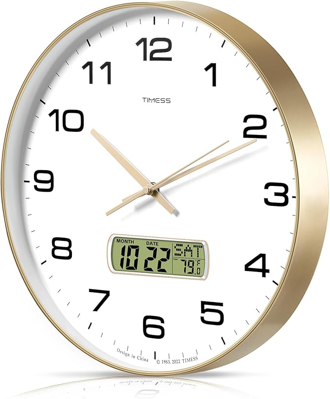Wall Clock, 13" Dial Non-Ticking Silent Battery Operated Analog with LCD Display for Perpetual Calendar and F° Temperature, Ideal Modern Home, Bedroom, Kitchen, Office Decor (Gold)