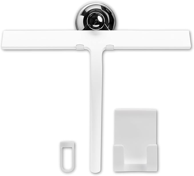 11 inch Squeegee Set with Over Wall Hanger, Suction Cup, and Hook, Glass Cleaning Squeegee for Shower Doors, Windows, Glass Doors, Bathrooms, Mirrors, Car Windshield - Matte White