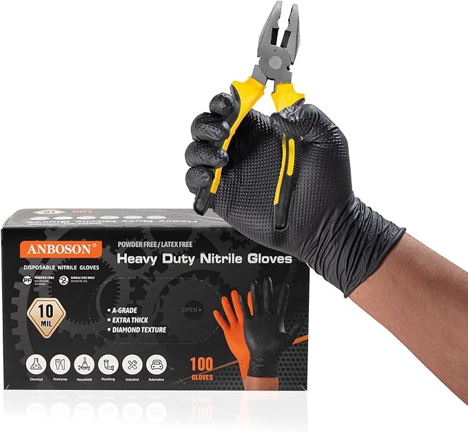 10 Mil Diamond Textured Nitrile Gloves, Heavy Duty Disposable, Extra Thick, Latex & Powder Free, Chemical and Puncture Resistant, Ideal for Auto Repair, Cleaning, Painting, X-Large