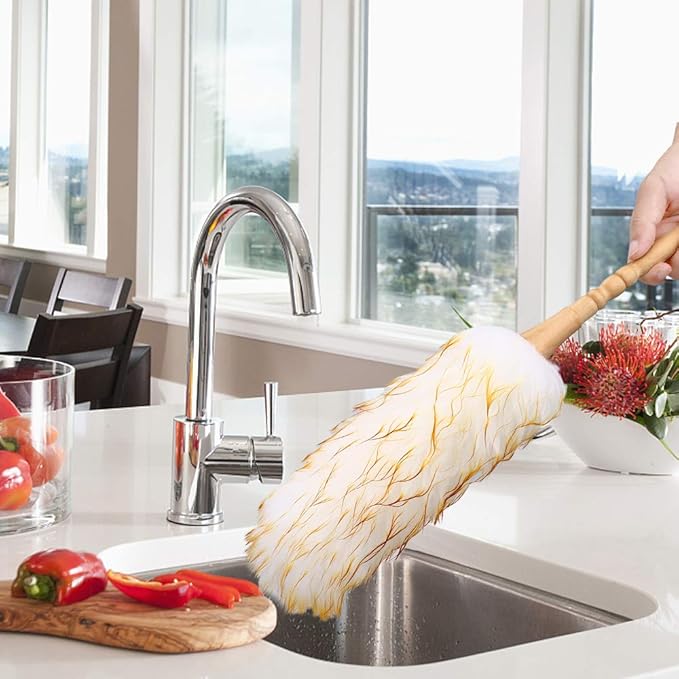 Lambswool Duster with Solid Wooden Handle,Leather Hang Strap,18.9 inch Long,Natural Feather Duster for Cleaning Ceiling Fans,Window Blinds,Computer Screens,Bookshelves etc