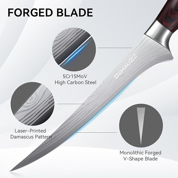 Fillet Knife 7 Inch, Razor Sharp Boning Knife High Carbon Stainless Steel for Fish Meat Poultry Cutting, Japanese Style Fish Knives with Flexible Ergonomic Pakkawood Handle