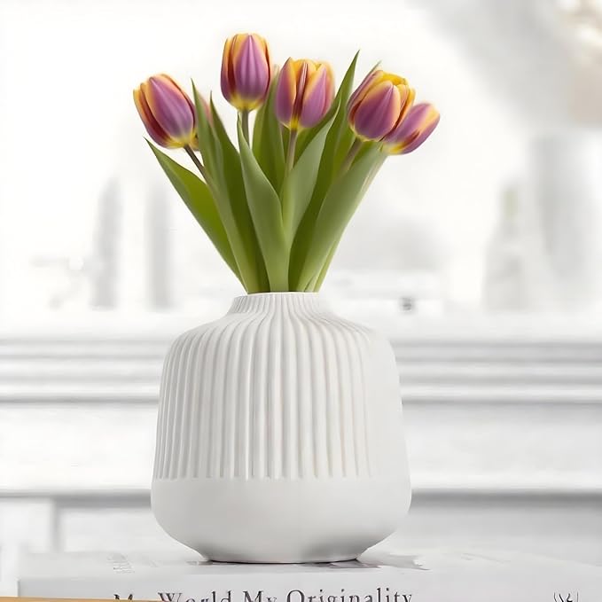 White Ceramic Vase for Flowers, 6 Inch Flower Vases Home Decor, Boho Vases for Pampas Grass,Vase for Centerpieces Living Room Table Entryway Shelf