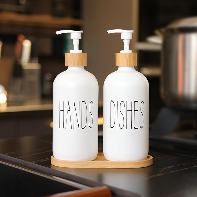 Glass Soap Dispenser Set, Contains Hand Soap and Dish Soap Dispenser.Suitable for Bathroom and Kitchen Decoration (White)