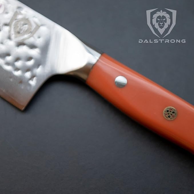 Dalstrong Chef Knife - 8 inch Blade - Shogun Series - Japanese AUS-10V Super Steel Kitchen Knife - Flame Orange Handle ABS - Damascus - Razor Sharp Knife - Professional Full Tang Knives - Sheath