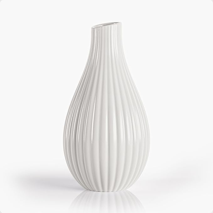 8 Inch White Ceramic Vase for Flowers, Centerpieces and Home Decor - Stylish Ribbed Textured 8 Inch Small White Vase for Pampas Grass - Decorative Vases for Centerpieces - Textured Vases Home Decor