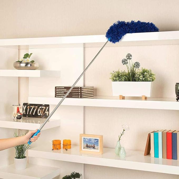 Microfiber Feather Duster with Extendable Pole, 100 inches Extra Long Cobweb Duster for Cleaning, Bendable Head, Non-Scratch, Washable Duster for Ceiling, Fan, Furniture Blue