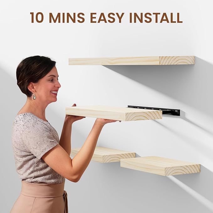 Heimlove 36 inch Floating Shelves for Wall,2 Packs Natural Pine Solid Wood Bathroom Shelf Over Toilet Decor and Storage 8 inches Deep for Kitchen Bedroom Office & Living Room Display Wall Decor