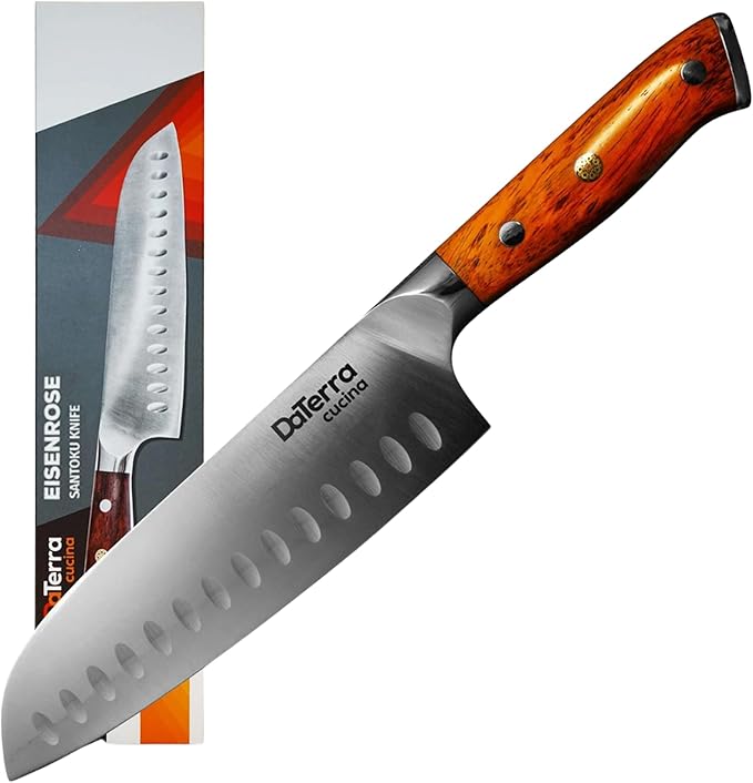 DaTerra Cucina - 7 Inch Santoku Knife – German Steel Professional Kitchen Knife with Ergonomic Rosewood Handle, Sharp, Durable, Rust Proof, Easy to Clean | Ideal for Chopping, Slicing & Dicing