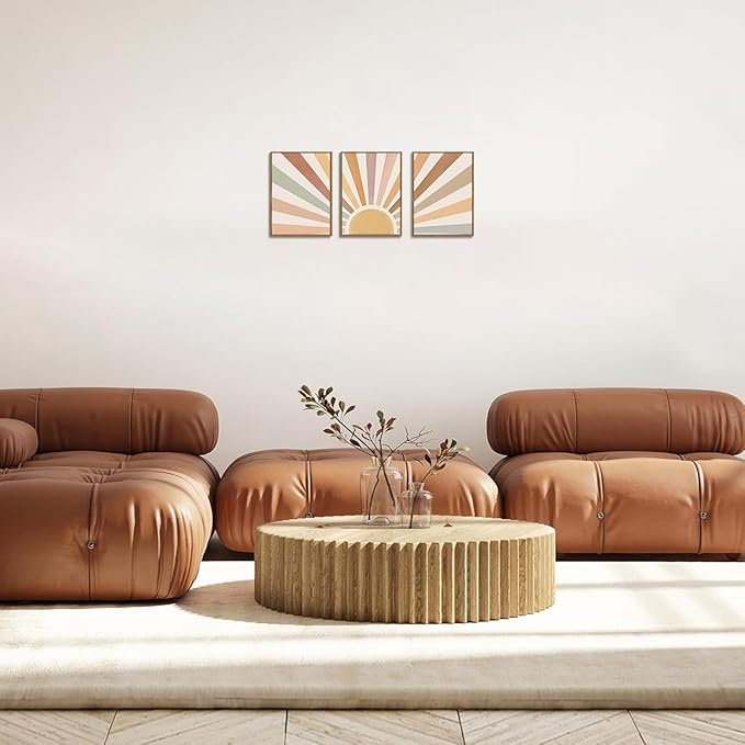 Bwodke Boho Wall Art, Framed Abstract Wall Art, Sun Rising on the Horizon Neutral Canvas Wall Decor, Mid Century Geometric Pictures Set of 3, Minimalist Paintings, for Bedroom Living Room Bathroom 12"x16"