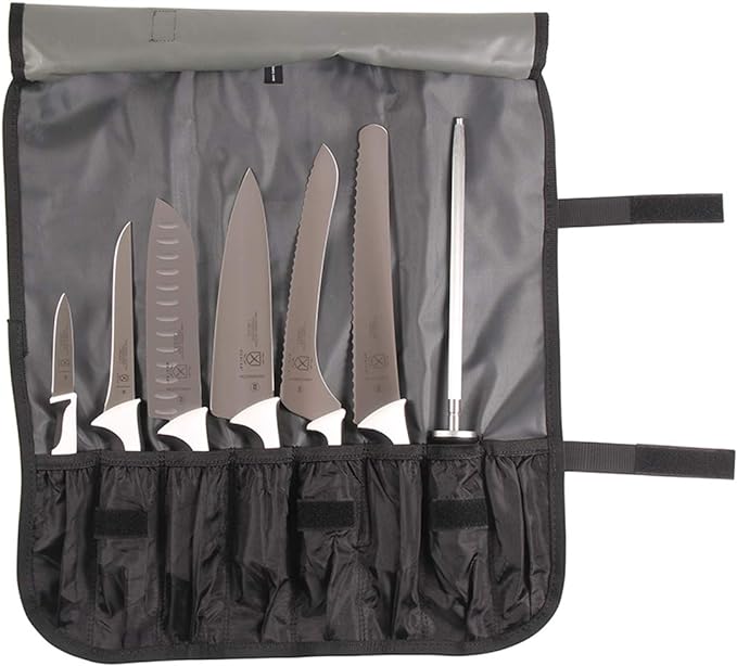 Mercer Culinary Millennia 8-Piece Knife Roll Set, White Handles