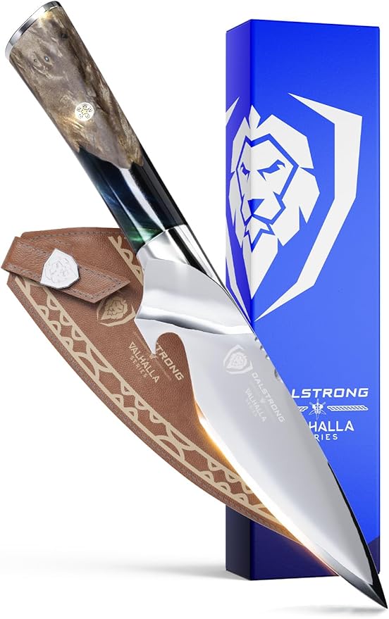 Dalstrong BBQ Piranha Knife - 6 inch - Valhalla Series - 9CR18MOV HC Steel - Celestial Resin & Wood Handle Gift Knife - Built-in Bottle Opener - Meat Cutting, Carving, Bone, Trimming - Leather Sheath