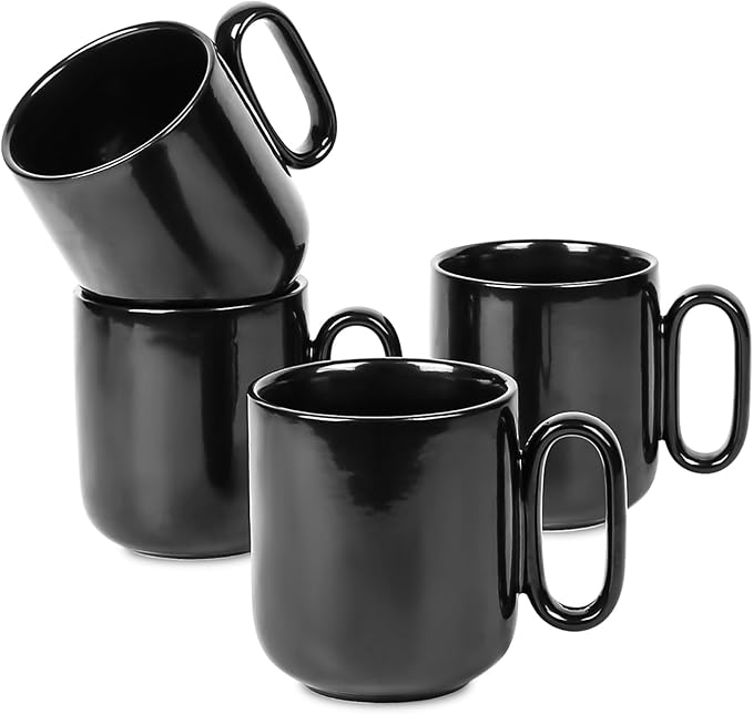 vicrays Ceramic Coffee Mug Set - 18 Ounce Large Stoneware Mug for Men Women - Unique Glazed Porcelain Mugs with Handle for Coffee Latte Tea Milk Cocoa - Set of 4 (Black)