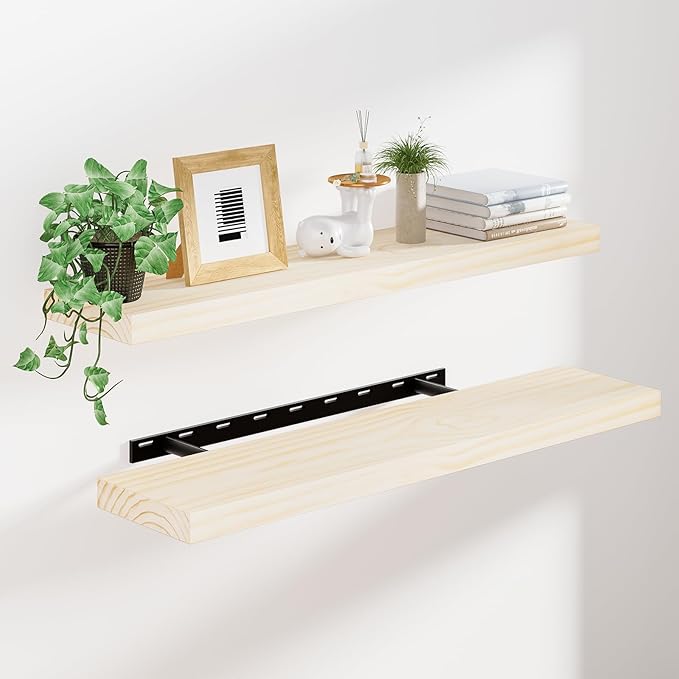 Heimlove 36 inch Floating Shelves for Wall,2 Packs Natural Pine Solid Wood Bathroom Shelf Over Toilet Decor and Storage 8 inches Deep for Kitchen Bedroom Office & Living Room Display Wall Decor