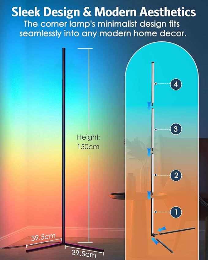Upgraded Floor Lamp, 64.5''RGB LED Corner Lamp with App & Remote Control, 16 Million Colors & 300+ Scene, Standing Lamp with Music Sync for Living Room, Gaming Room,Bedroom