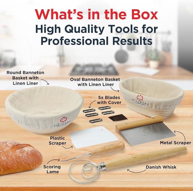 Bread Proofing Basket Set of 2 - Round 9" & Oval 8" Sourdough Bread Baking Supplies w/Linen Liner, Scrapers, Scoring Lame, Whisk, Blades Banneton Proofing Baskets - Sourdough Starter Kit for Beginners